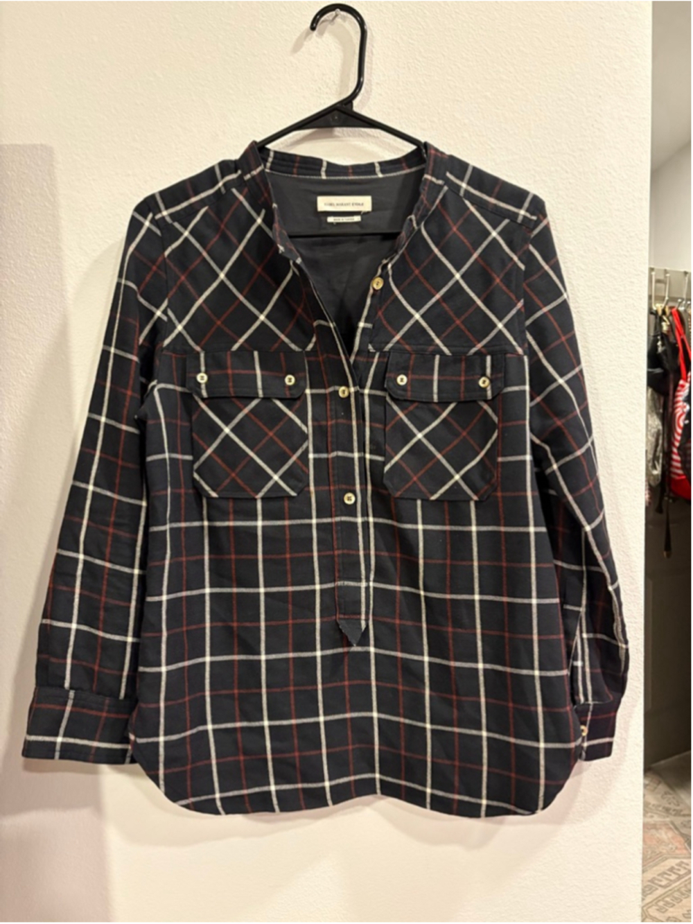 Isabel Marant Etoile Plaid Wool Blend Tunic Shirt Black Burgundy FR 40
